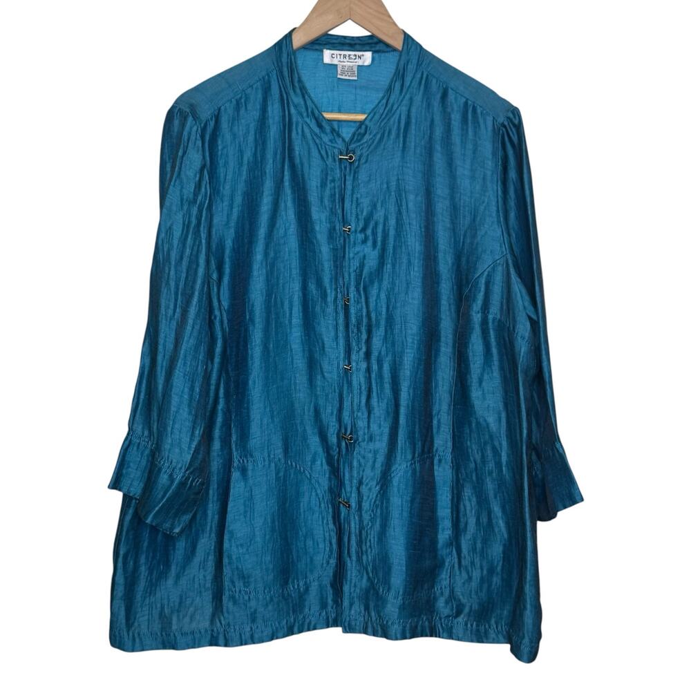 Citron Santa Monica Turquoise Linen Blend Hook & Closure Pockets Blouse
